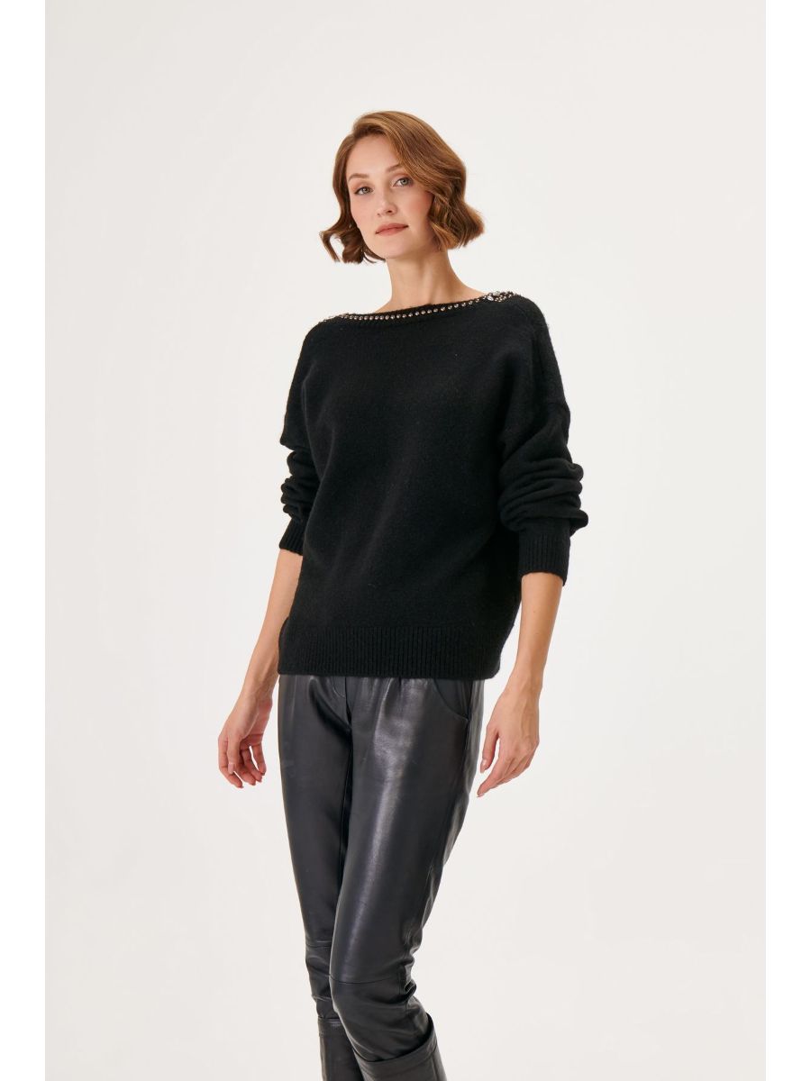 Handcrafted Stone Embroidered V - neck Black Knitwear