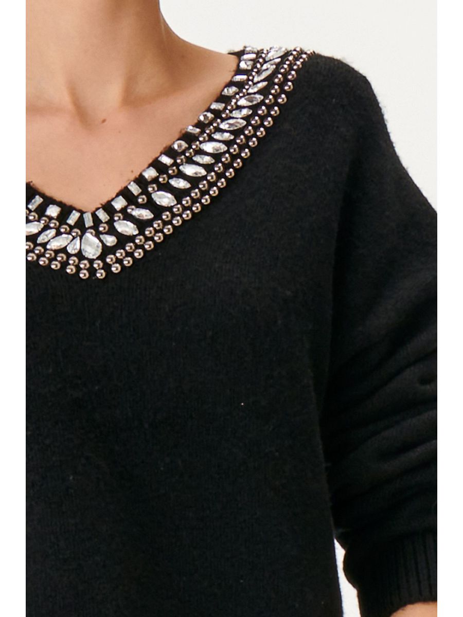 Handcrafted Stone Embroidered V - neck Black Knitwear