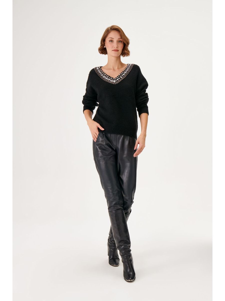 Handcrafted Stone Embroidered V - neck Black Knitwear