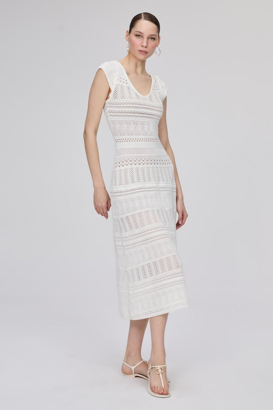Openwork Lined V - neck Ecru Midi Dress | Porterist