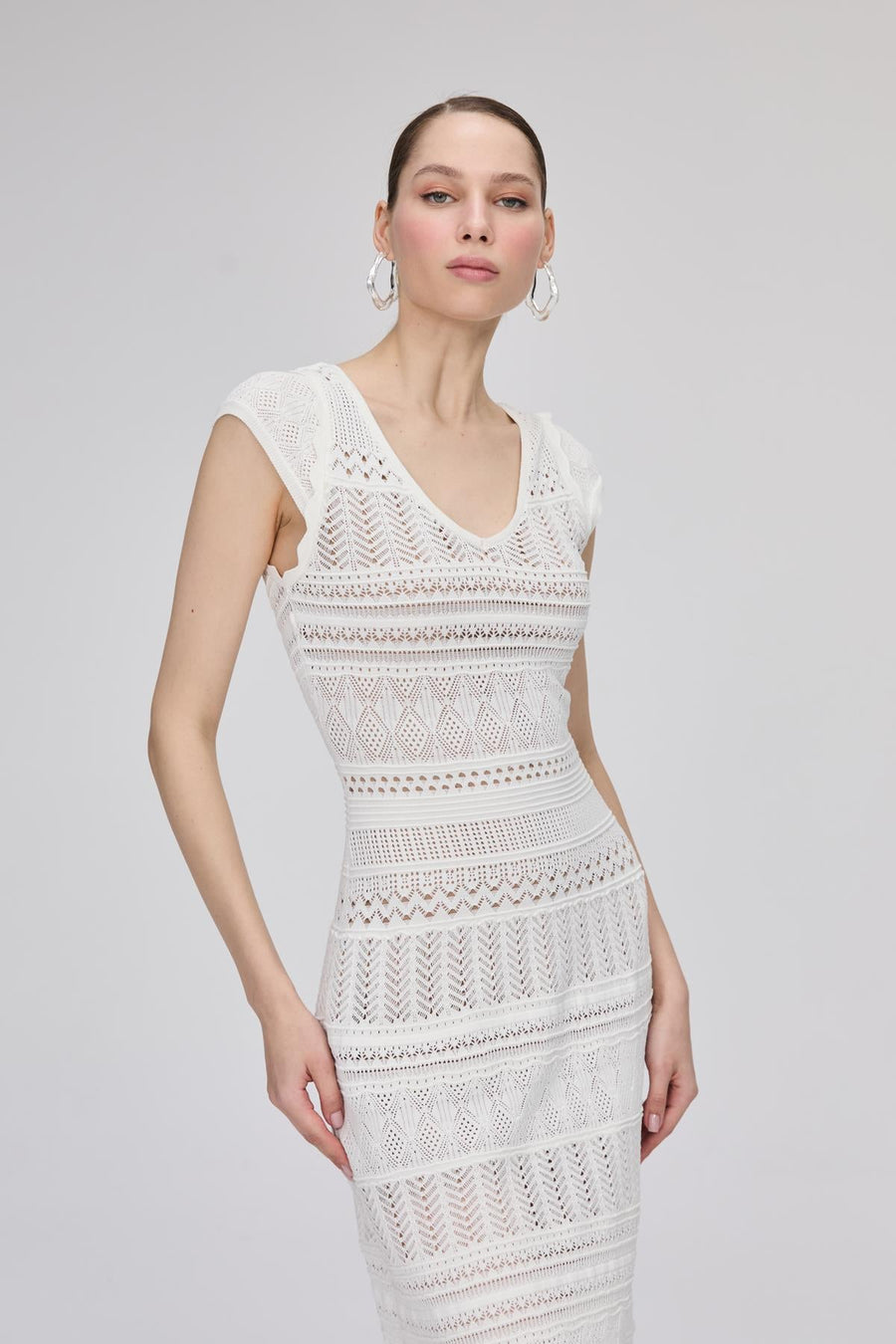 Openwork Lined V - neck Ecru Midi Dress | Porterist