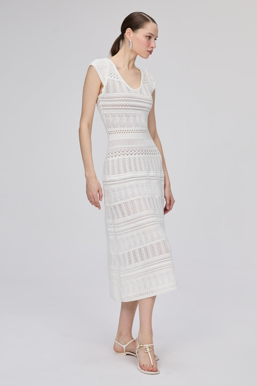 Openwork Lined V - neck Ecru Midi Dress | Porterist