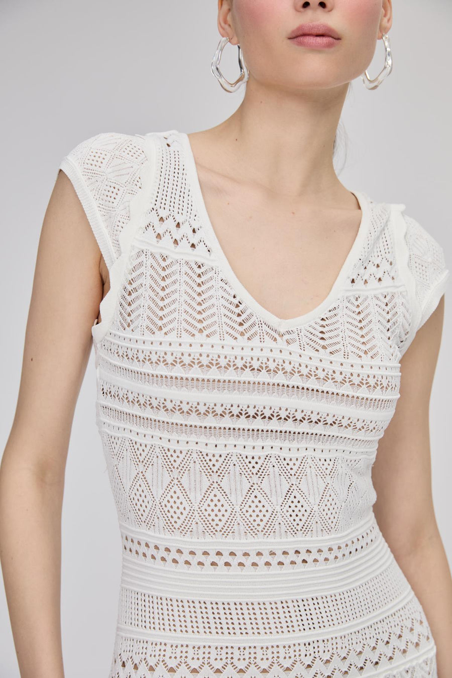 Openwork Lined V - neck Ecru Midi Dress | Porterist