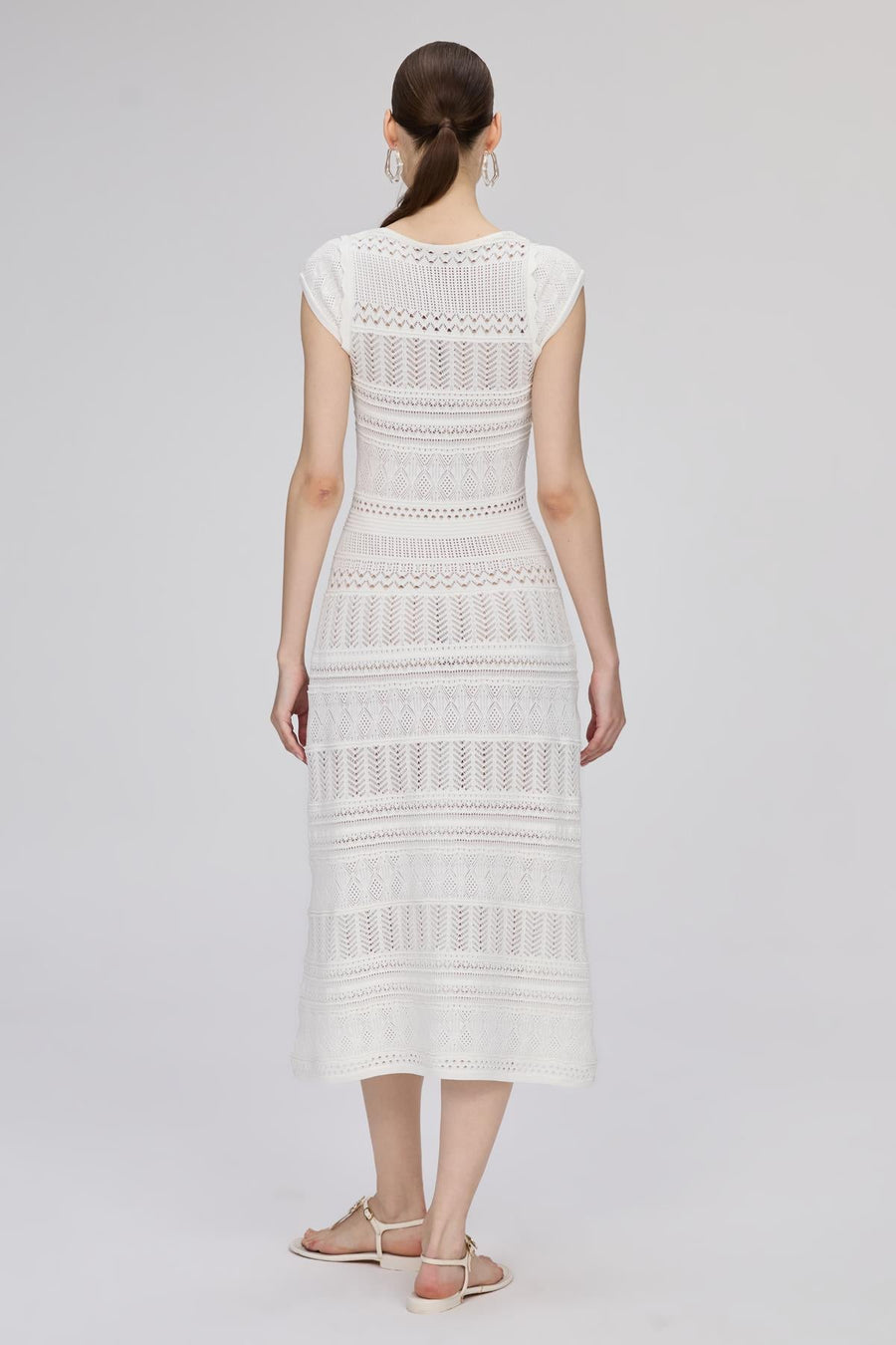 Openwork Lined V - neck Ecru Midi Dress | Porterist