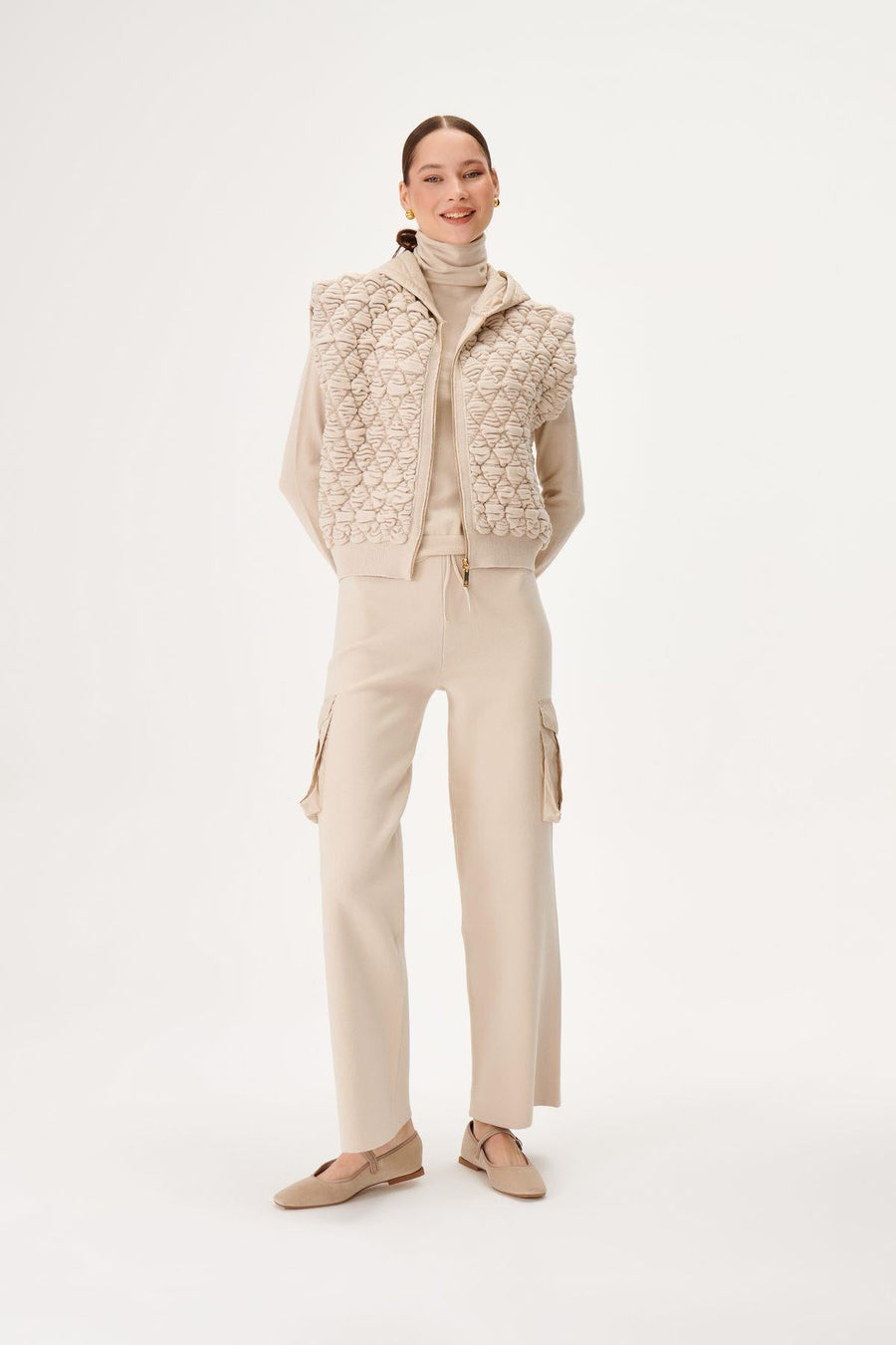 Pocket Detail Beige Knit Cargo Pants | Porterist