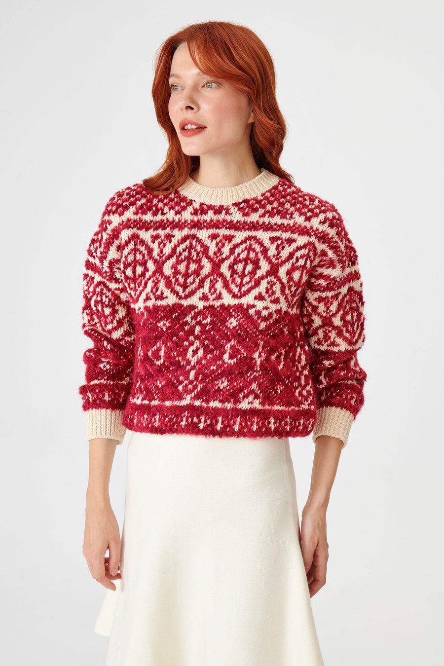 Red Crewneck Patterned Cotton Knitwear Sweater | Porterist