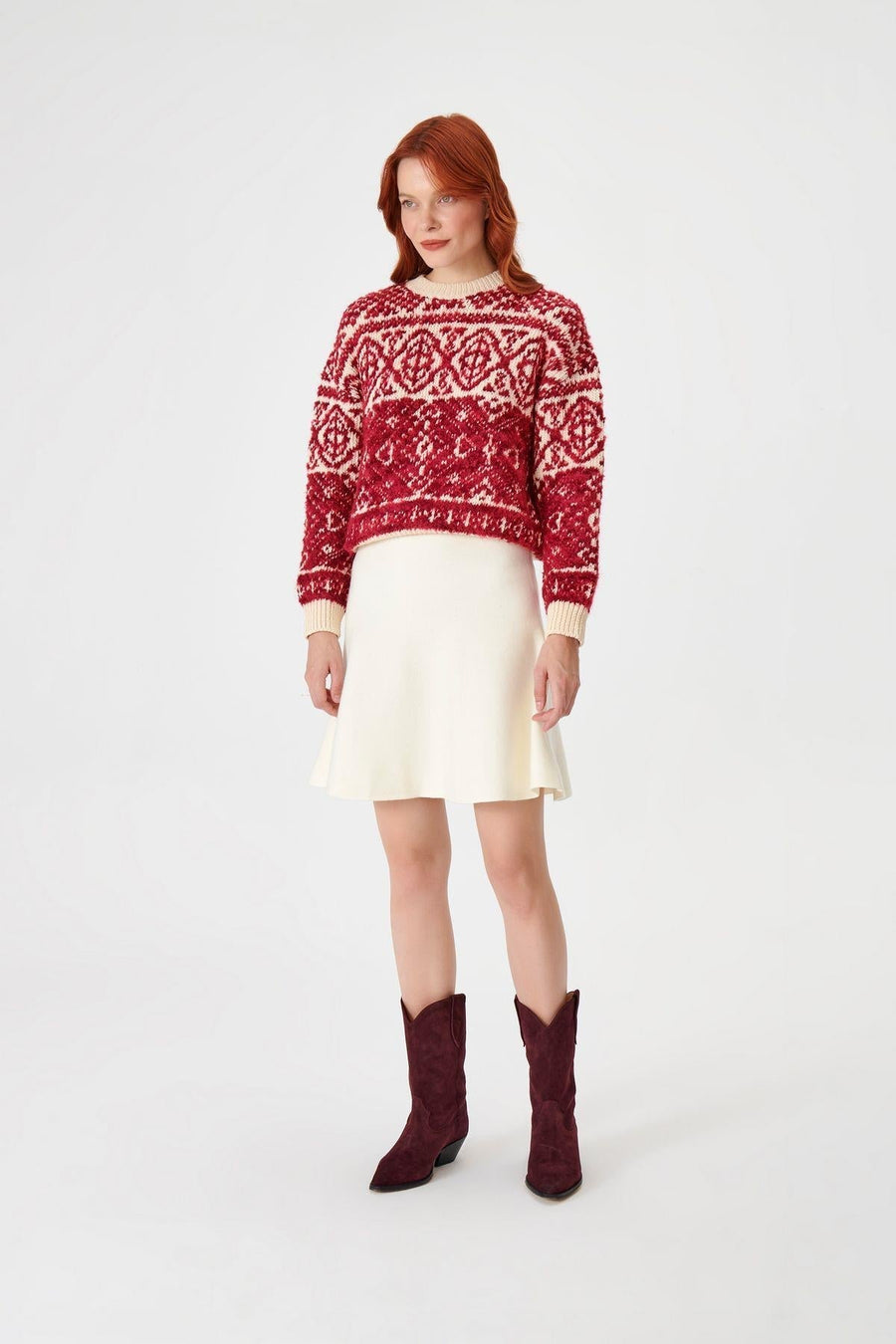 Red Crewneck Patterned Cotton Knitwear Sweater | Porterist