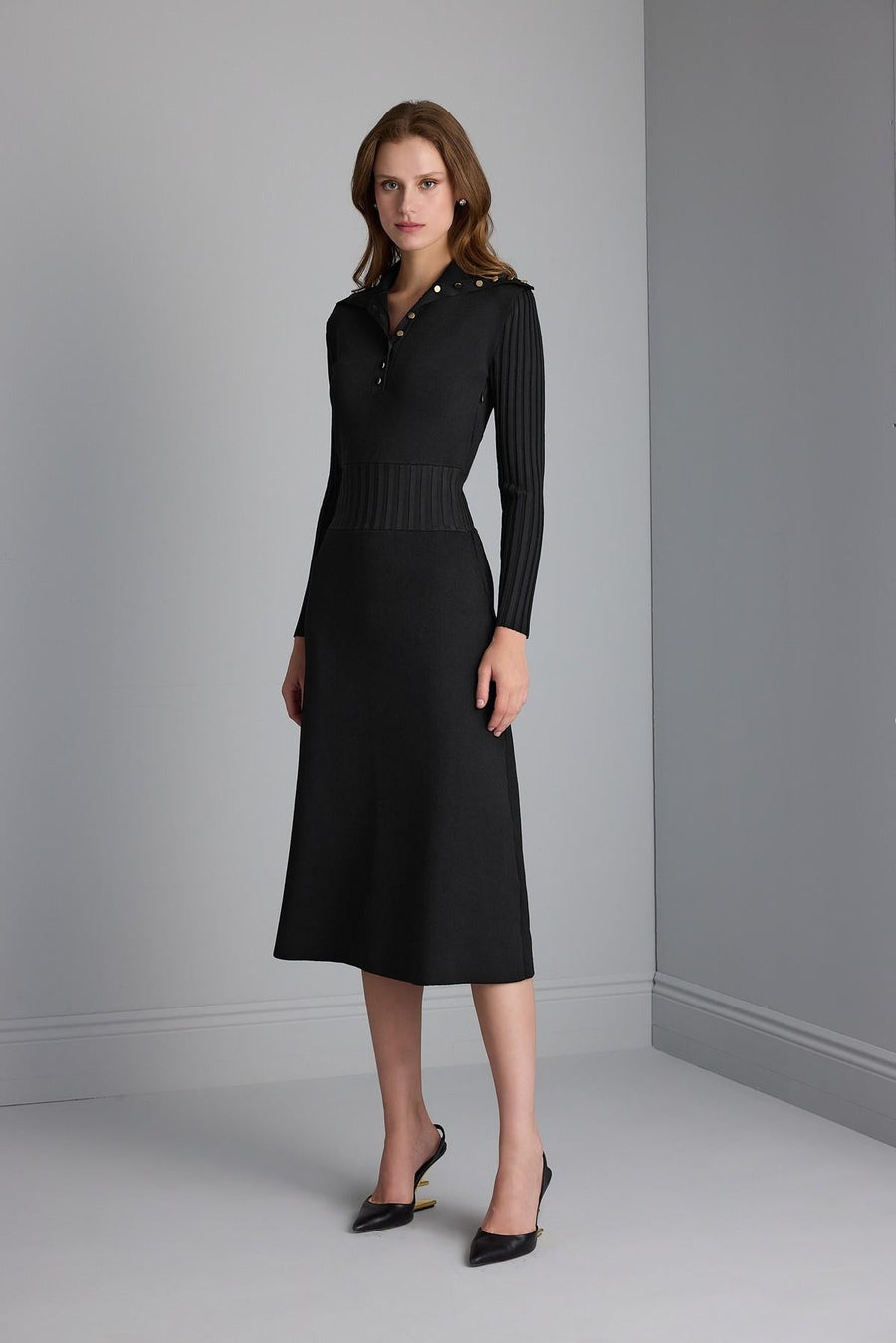 Join Us Ribbed Black Midi Sweater Dress with Button Detail - Porterist 1