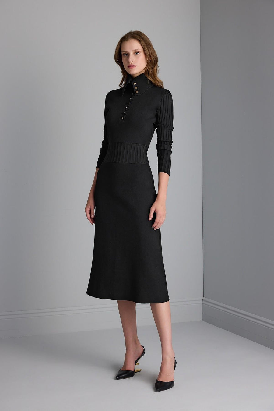 Join Us Ribbed Black Midi Sweater Dress with Button Detail - Porterist 2