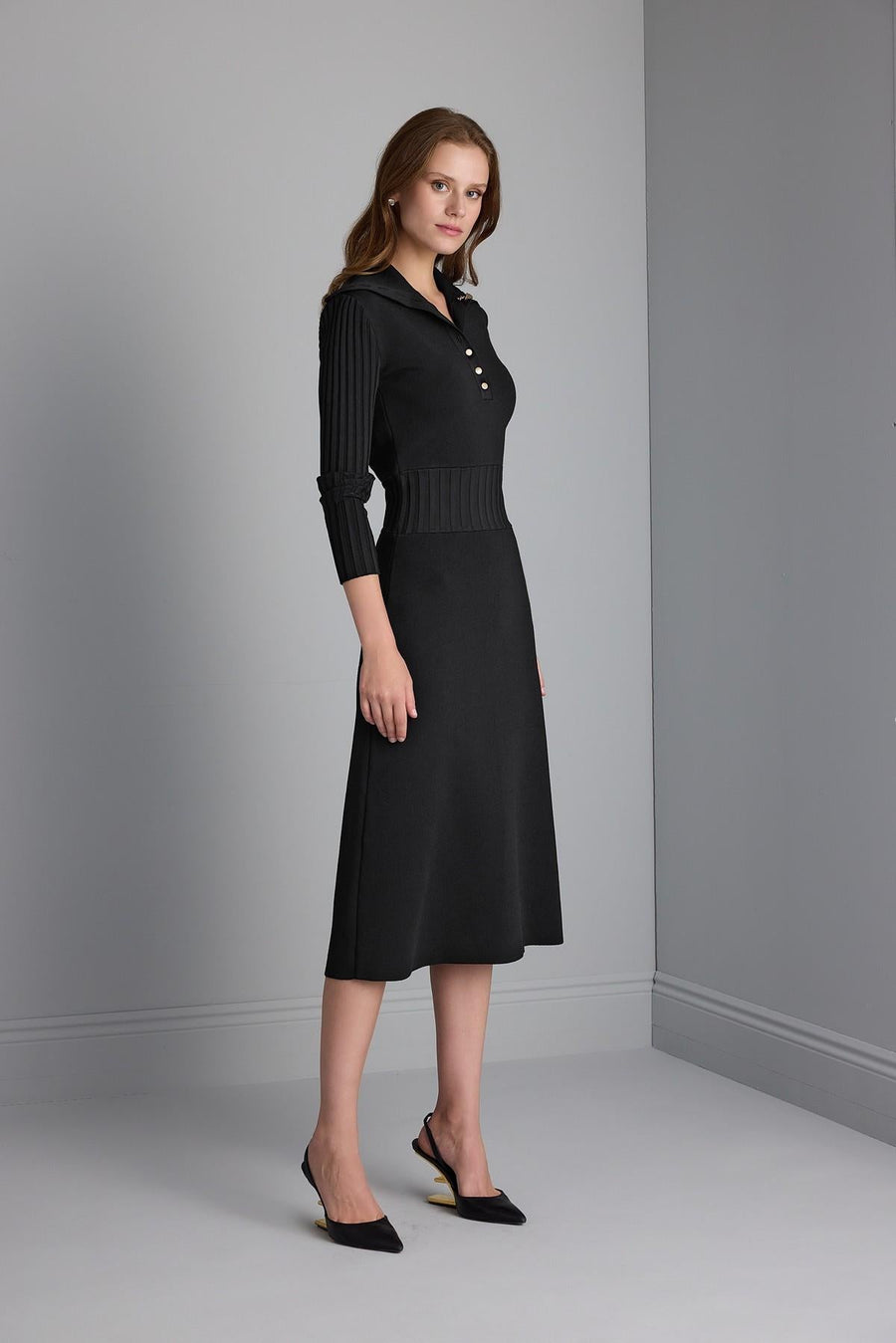 Join Us Ribbed Black Midi Sweater Dress with Button Detail - Porterist 3
