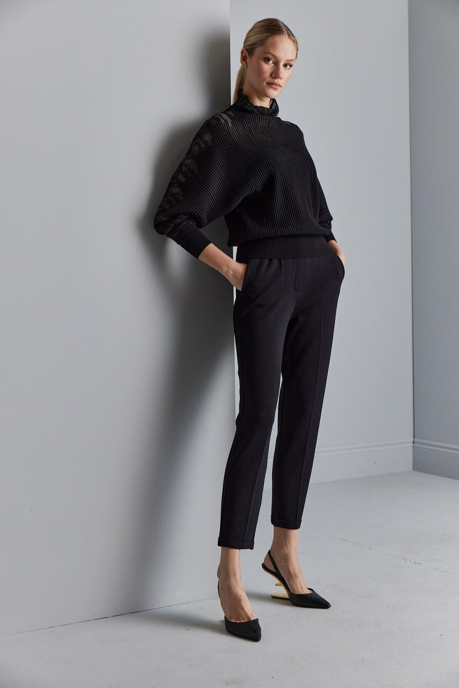 Sheer Detailed Mandarin Collar Black Knitwear Blouse