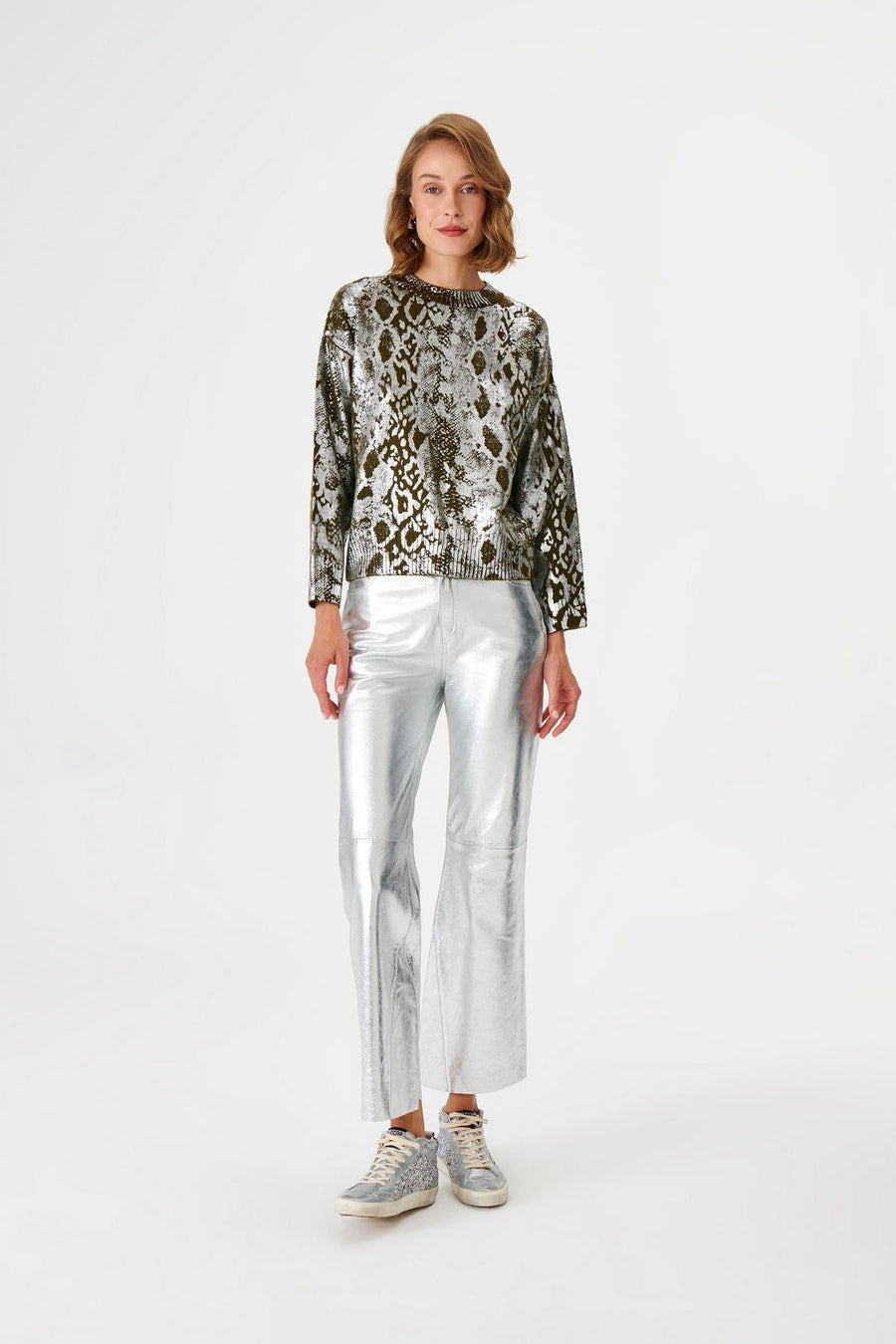 Shiny Snake Print Green Knitted Sweater | Porterist