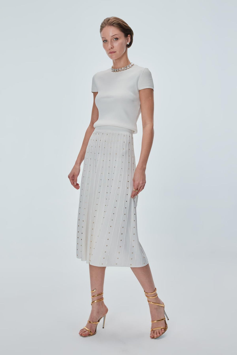 Stone Printed Pleated Ecru Midi Skirt Porterist - 1