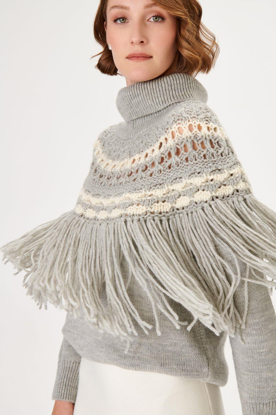 Woolen Grey Knit Sweater With Handcrafted Tassel Detail