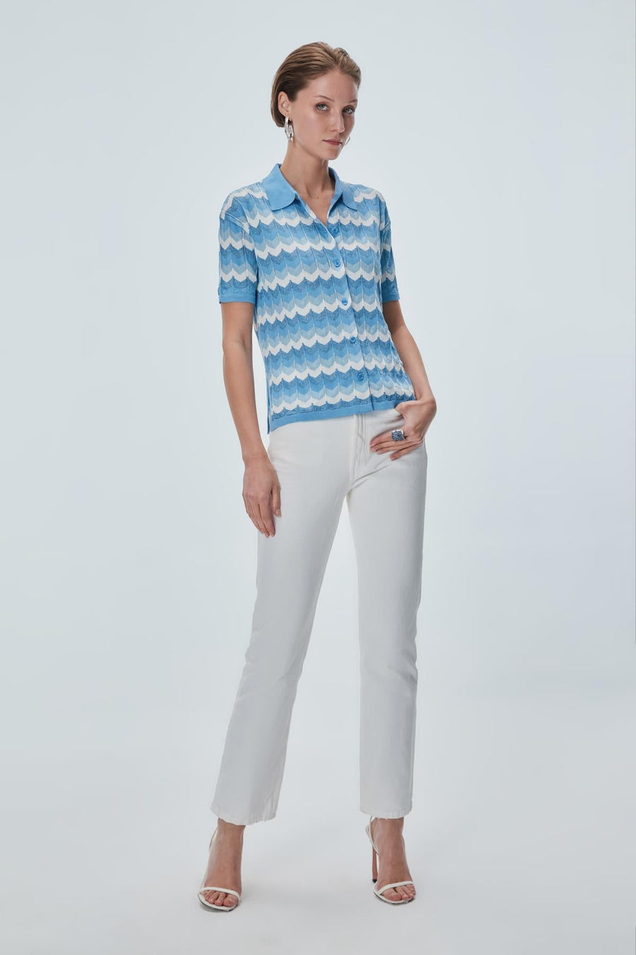 Zigzag Patterned Polo Collar Blue Blouse Porterist - 2