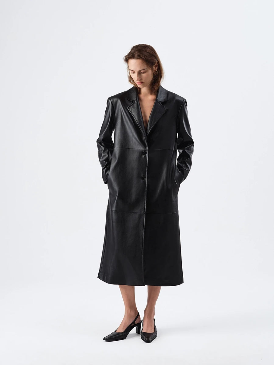 June Faux Leather Black Trench Coat