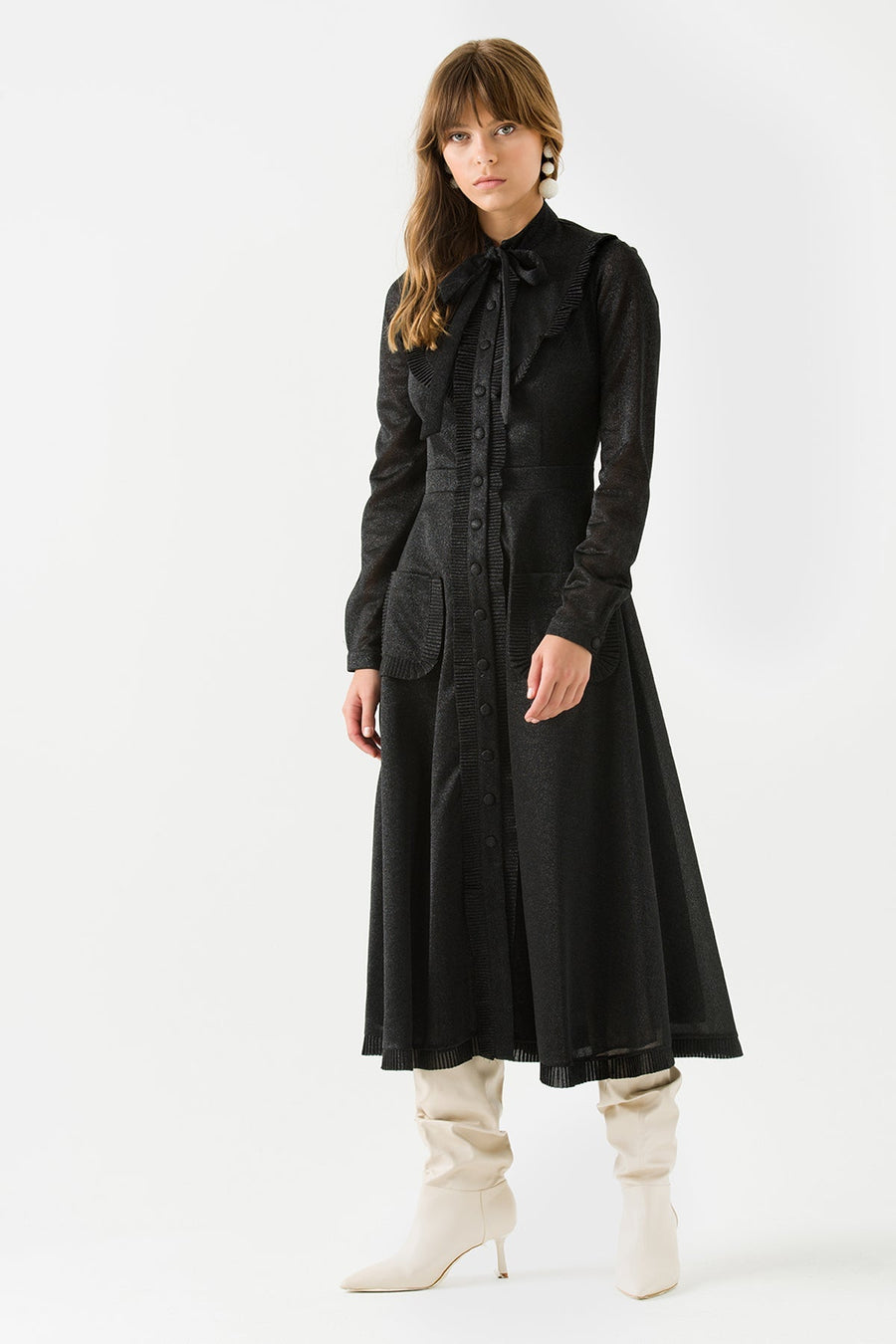 Black Ruffled Midi Dress with Tied Collar