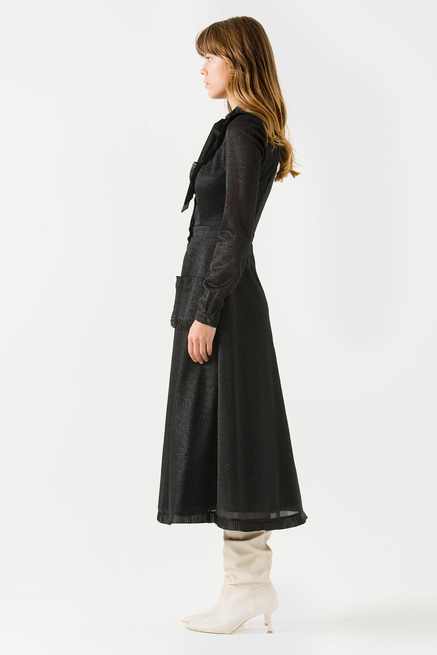 Black Ruffled Midi Dress with Tied Collar