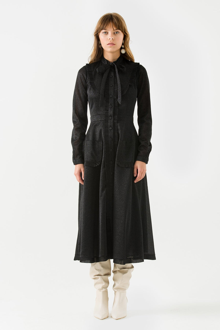 Black Ruffled Midi Dress with Tied Collar