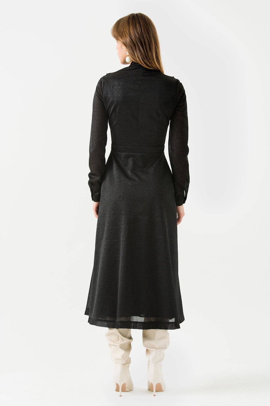 Black Ruffled Midi Dress with Tied Collar