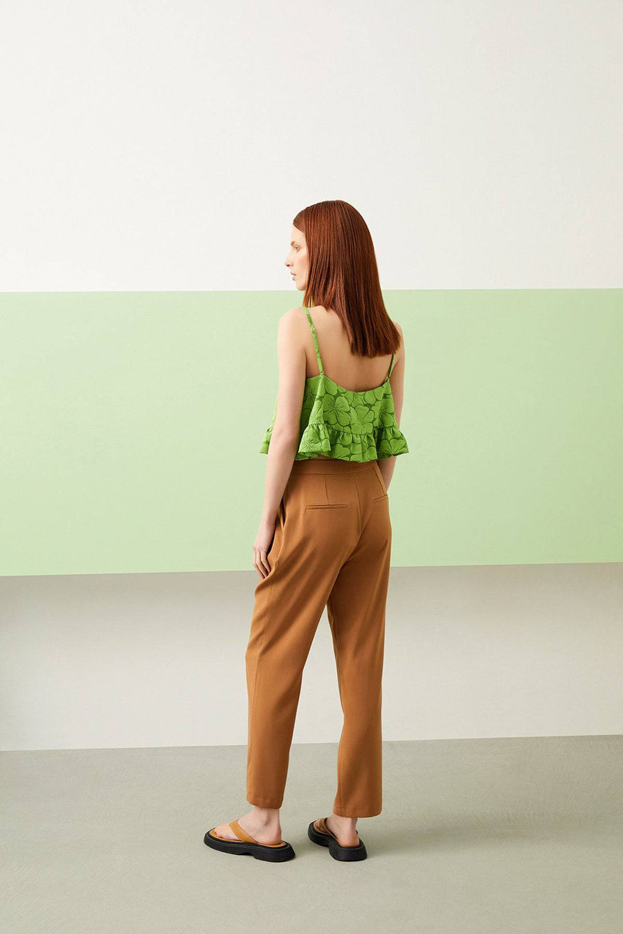 Camel Pleated Straight Cut Trousers