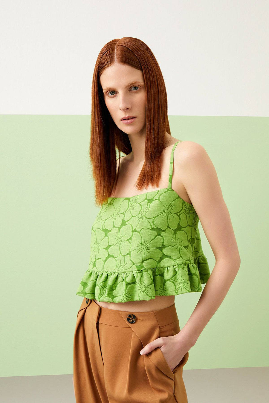 Camel Pleated Straight Cut Trousers