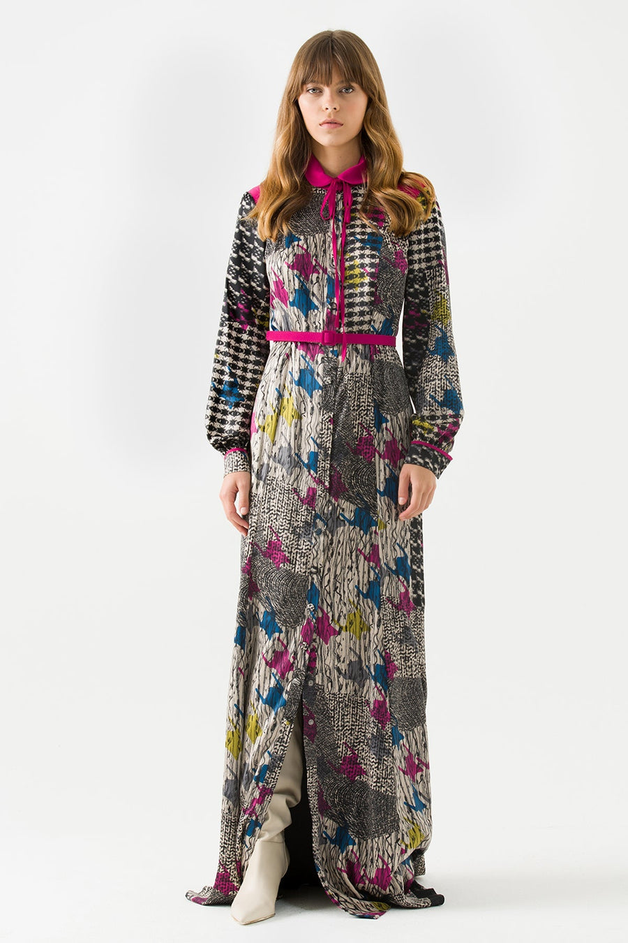 Fuchsia Shawl Patterned Front Button Maxi Dress