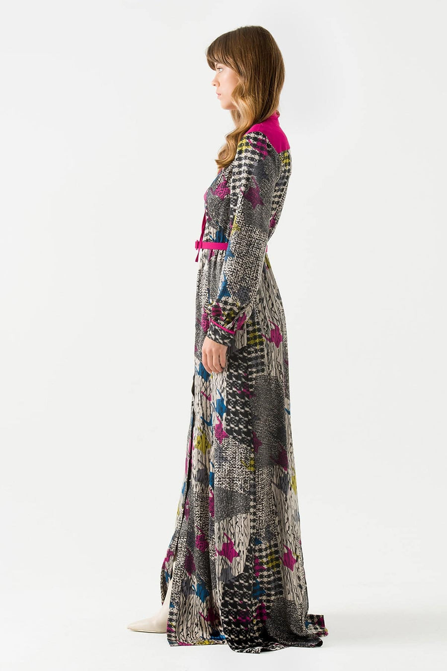 Fuchsia Shawl Patterned Front Button Maxi Dress