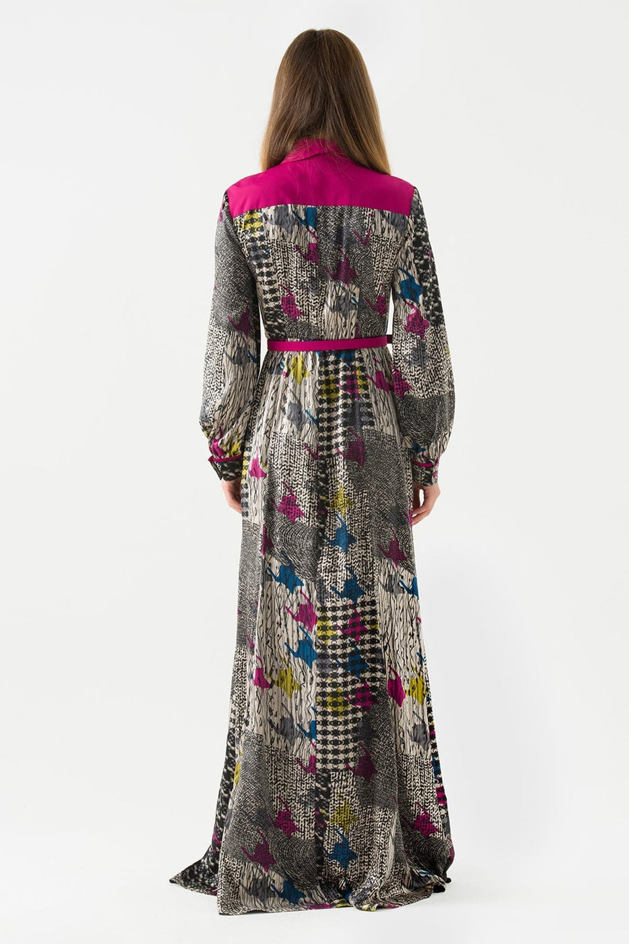 Fuchsia Shawl Patterned Front Button Maxi Dress