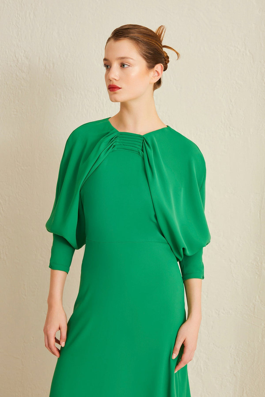 Green Draped Neck Balloon Sleeve Long Dress | Porterist