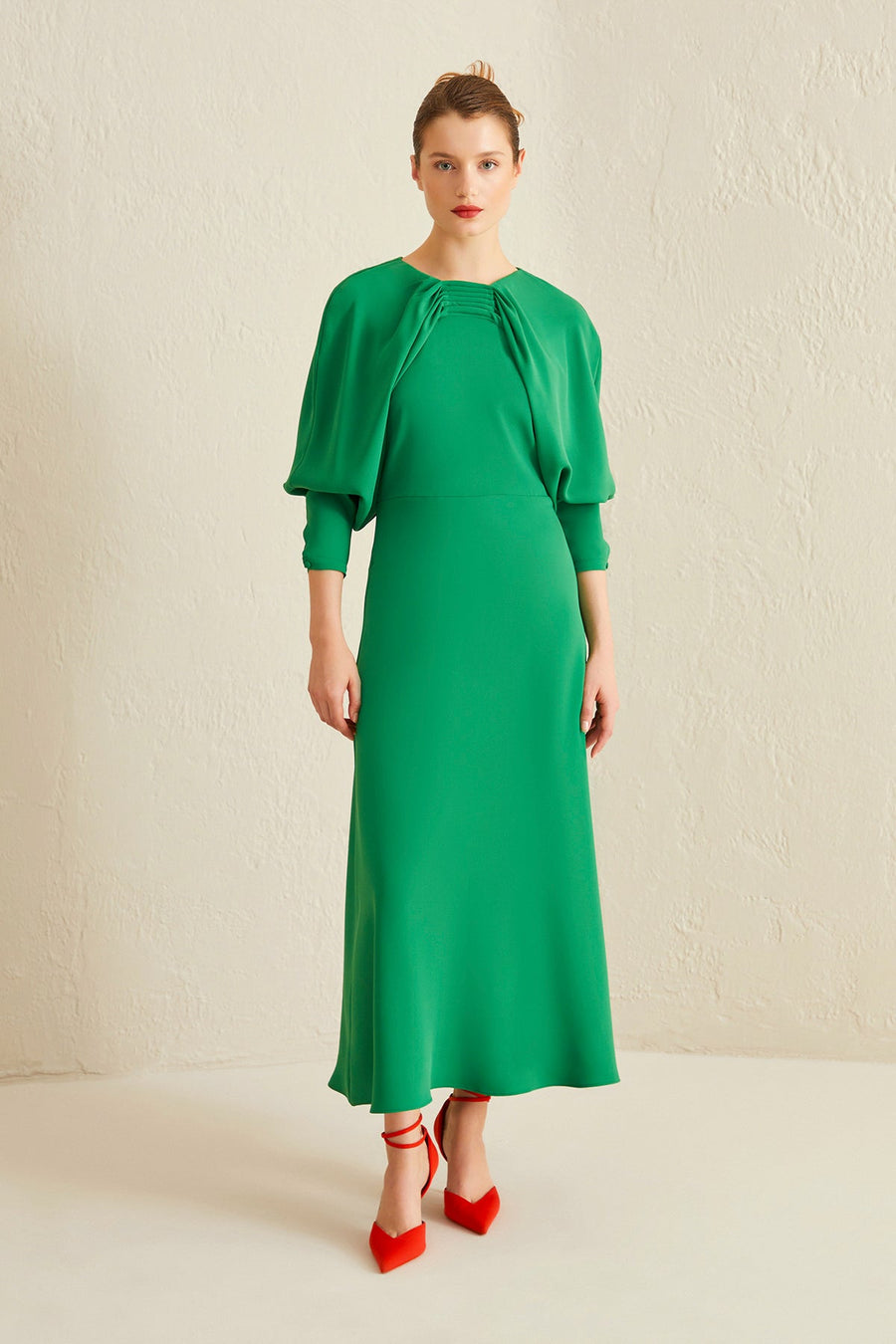 Green Draped Neck Balloon Sleeve Long Dress | Porterist