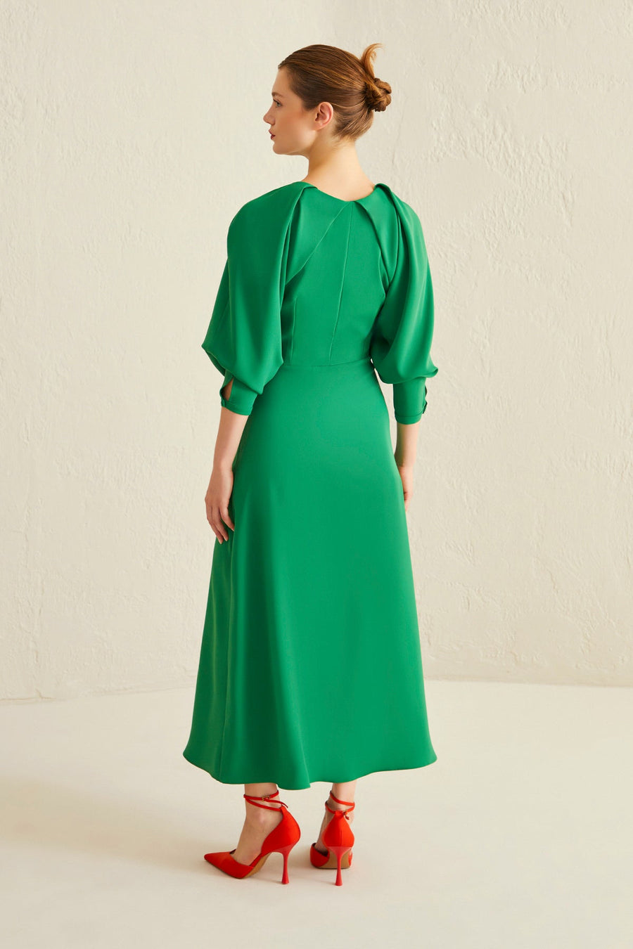 Green Draped Neck Balloon Sleeve Long Dress | Porterist