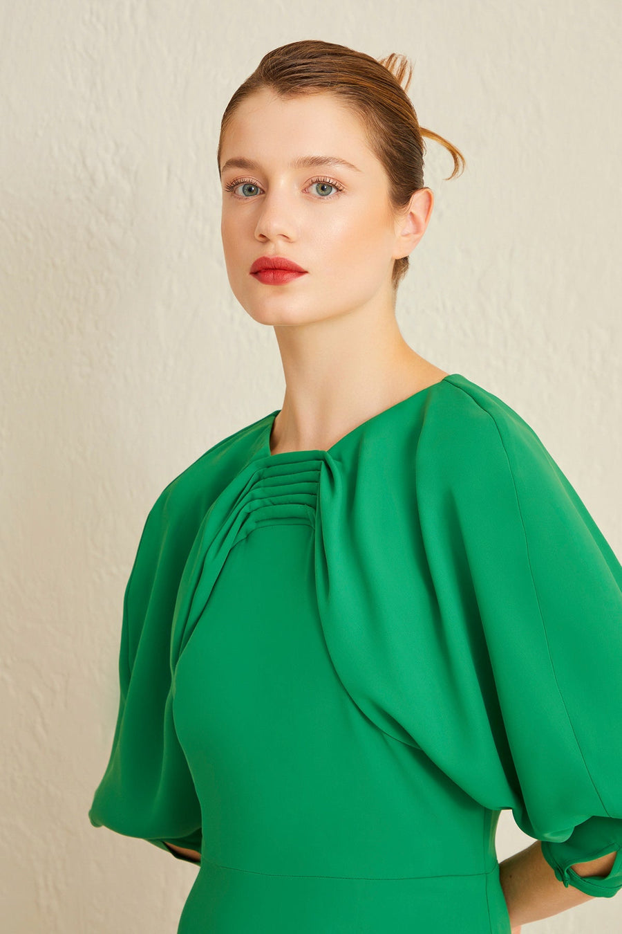 Green Draped Neck Balloon Sleeve Long Dress | Porterist
