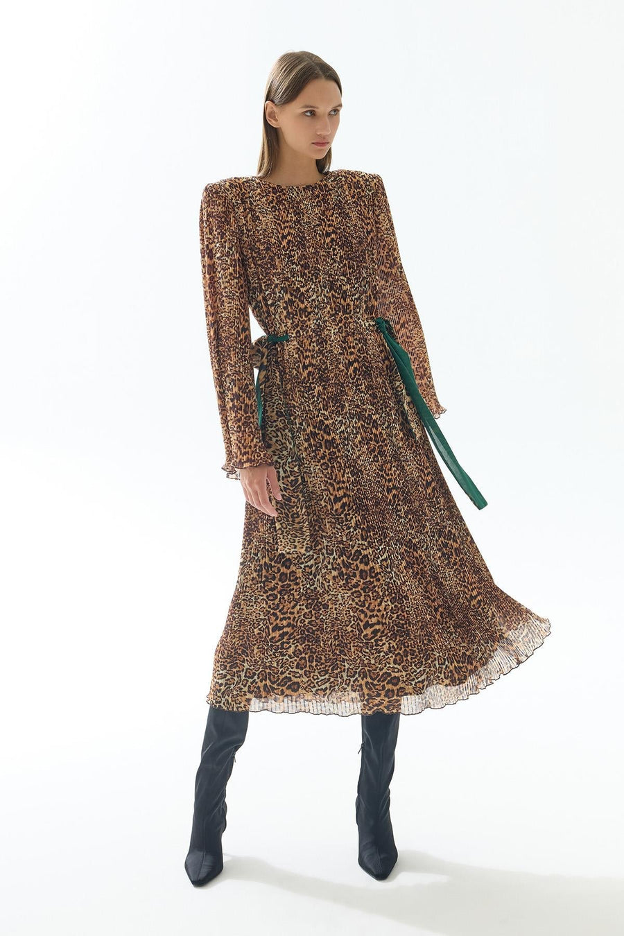 Leopard Print Pleated Midi Dress