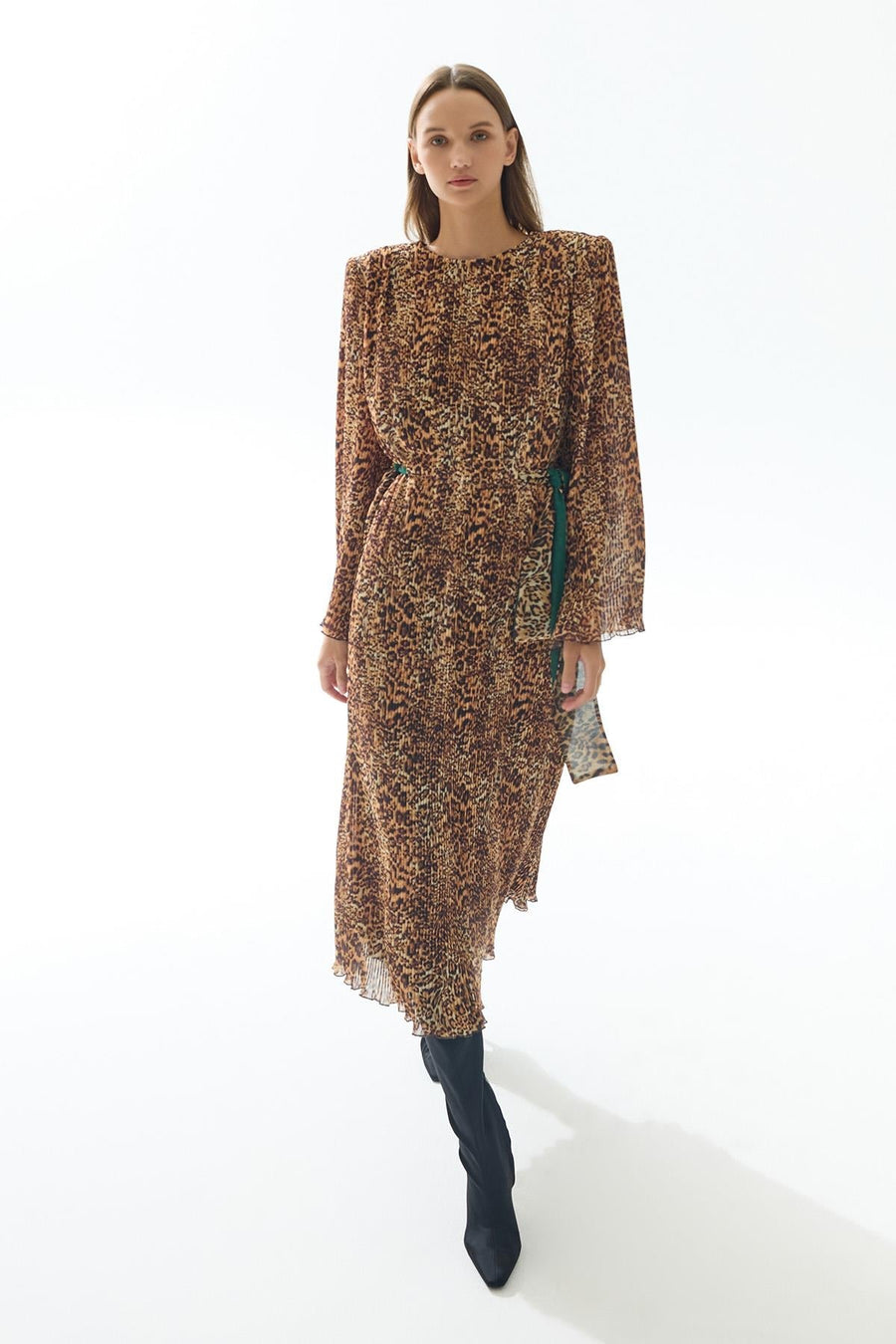 Leopard Print Pleated Midi Dress