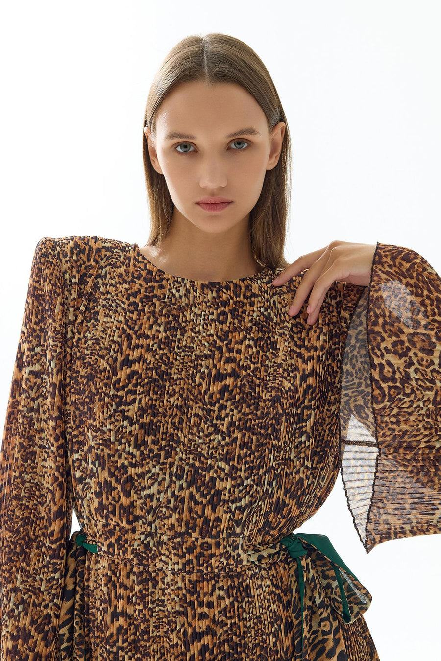 Leopard Print Pleated Midi Dress
