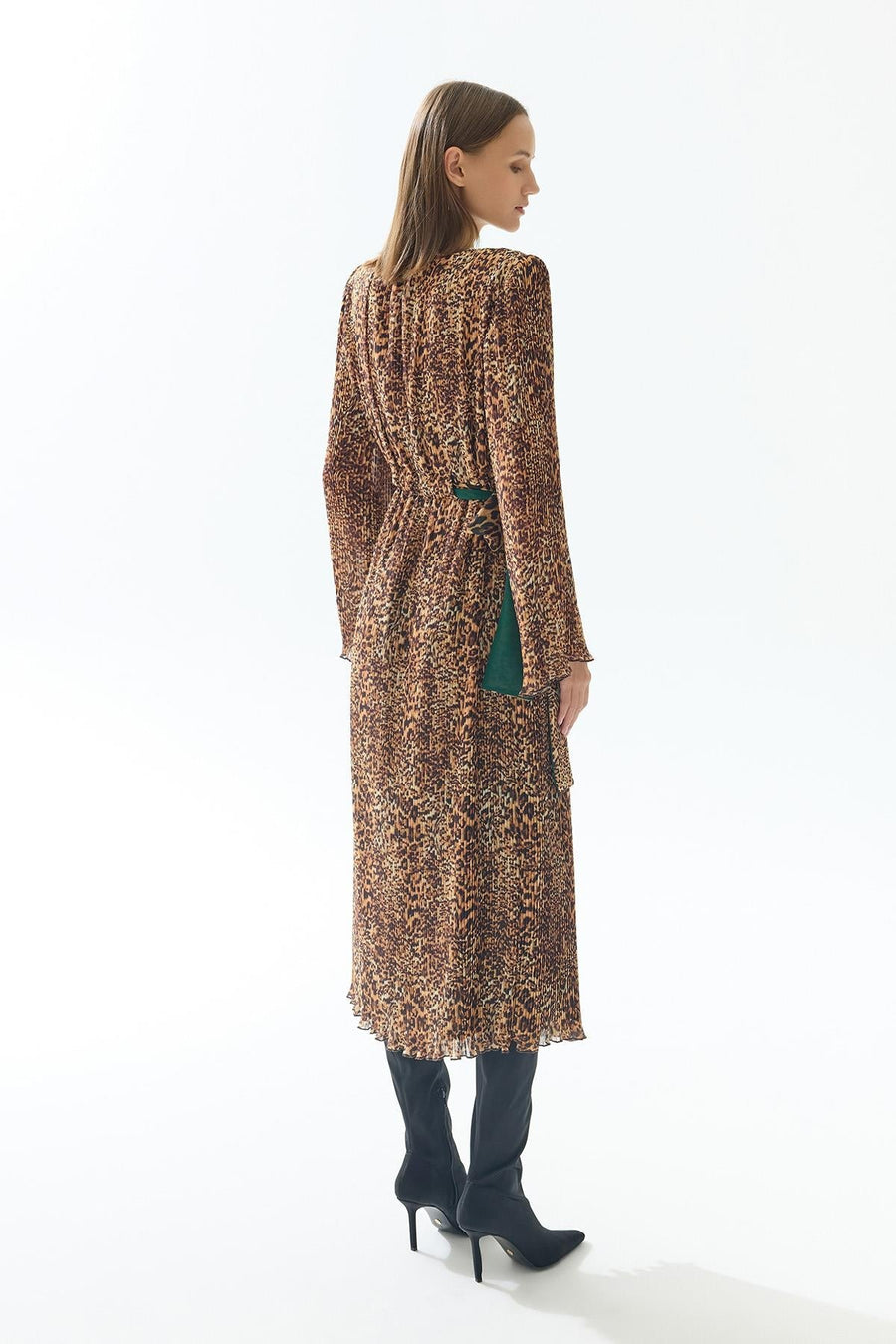 Leopard Print Pleated Midi Dress