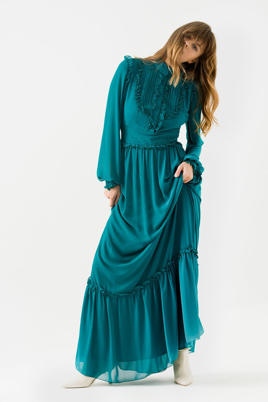 Oil Blue Draped Long Chiffon Dress