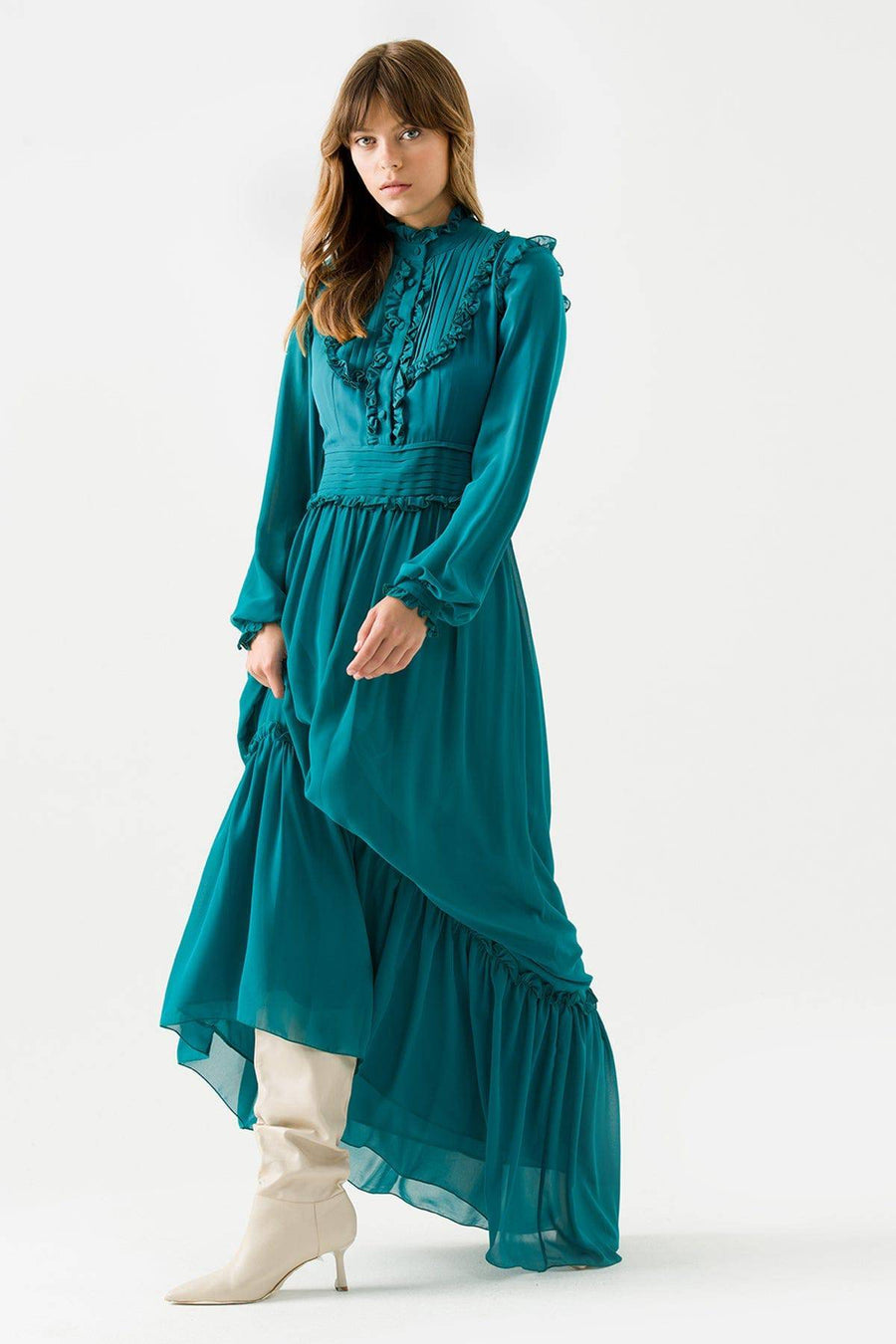 Oil Blue Draped Long Chiffon Dress