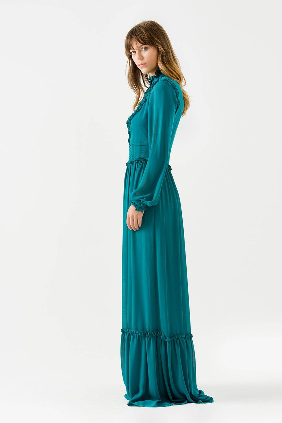 Oil Blue Draped Long Chiffon Dress