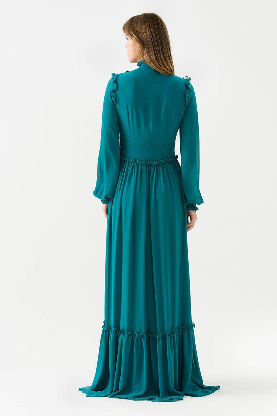 Oil Blue Draped Long Chiffon Dress