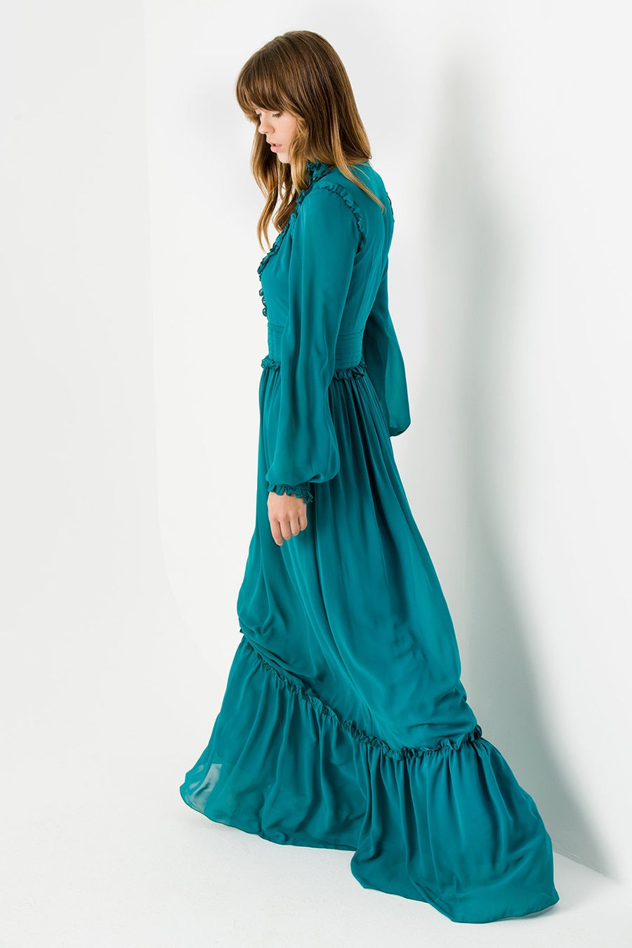 Oil Blue Draped Long Chiffon Dress