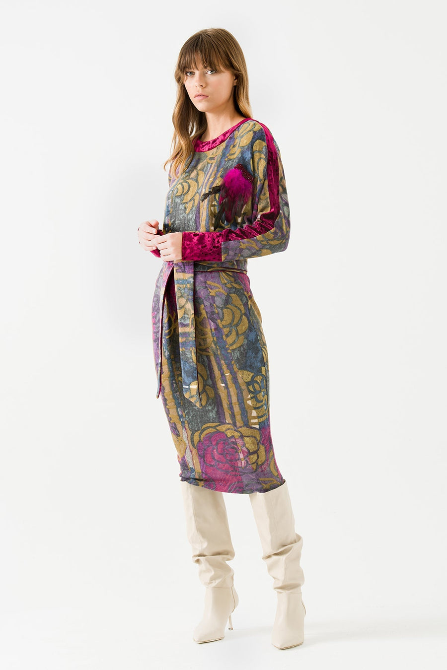 Purple Printed Long Sleeve Midi Dress with Belt