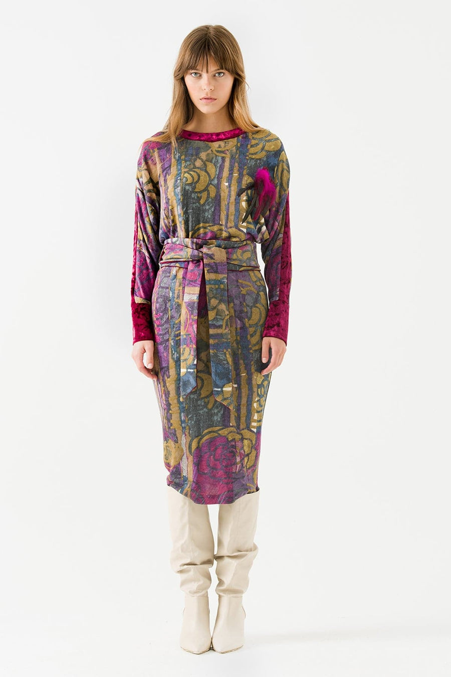 Purple Printed Long Sleeve Midi Dress with Belt