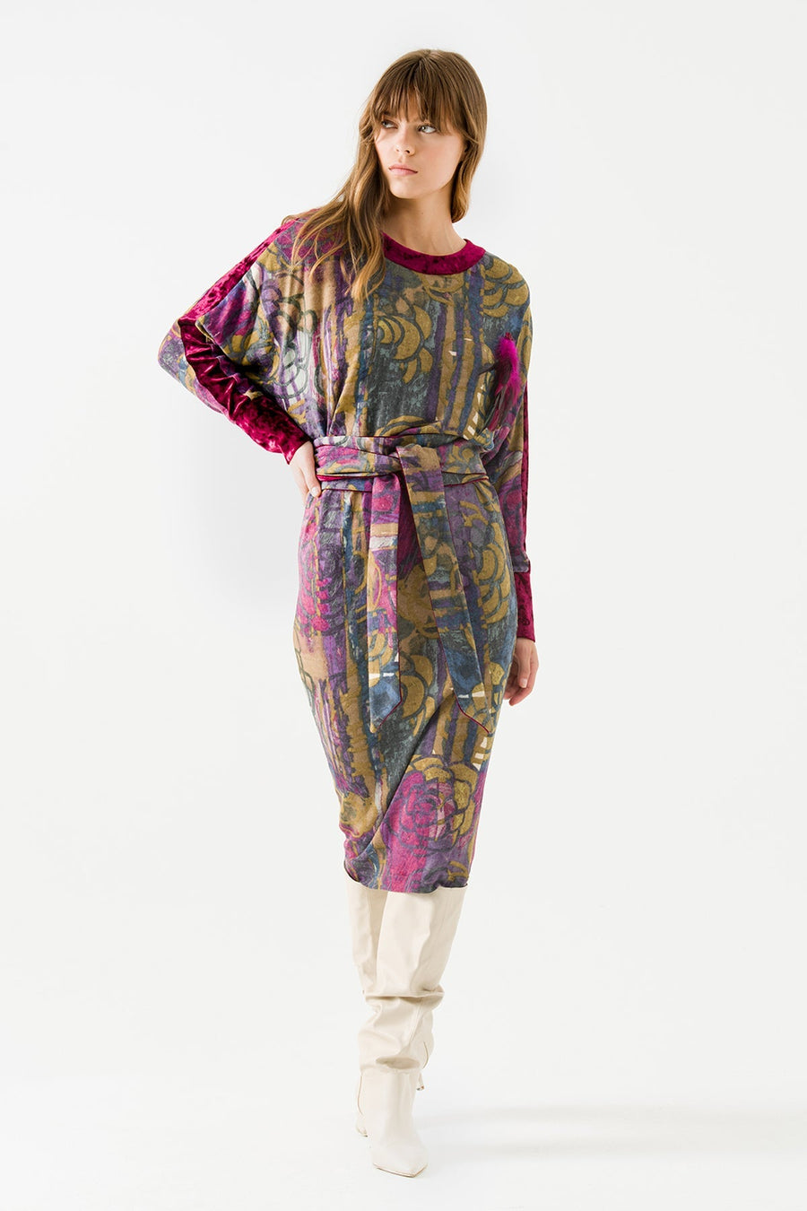 Purple Printed Long Sleeve Midi Dress with Belt