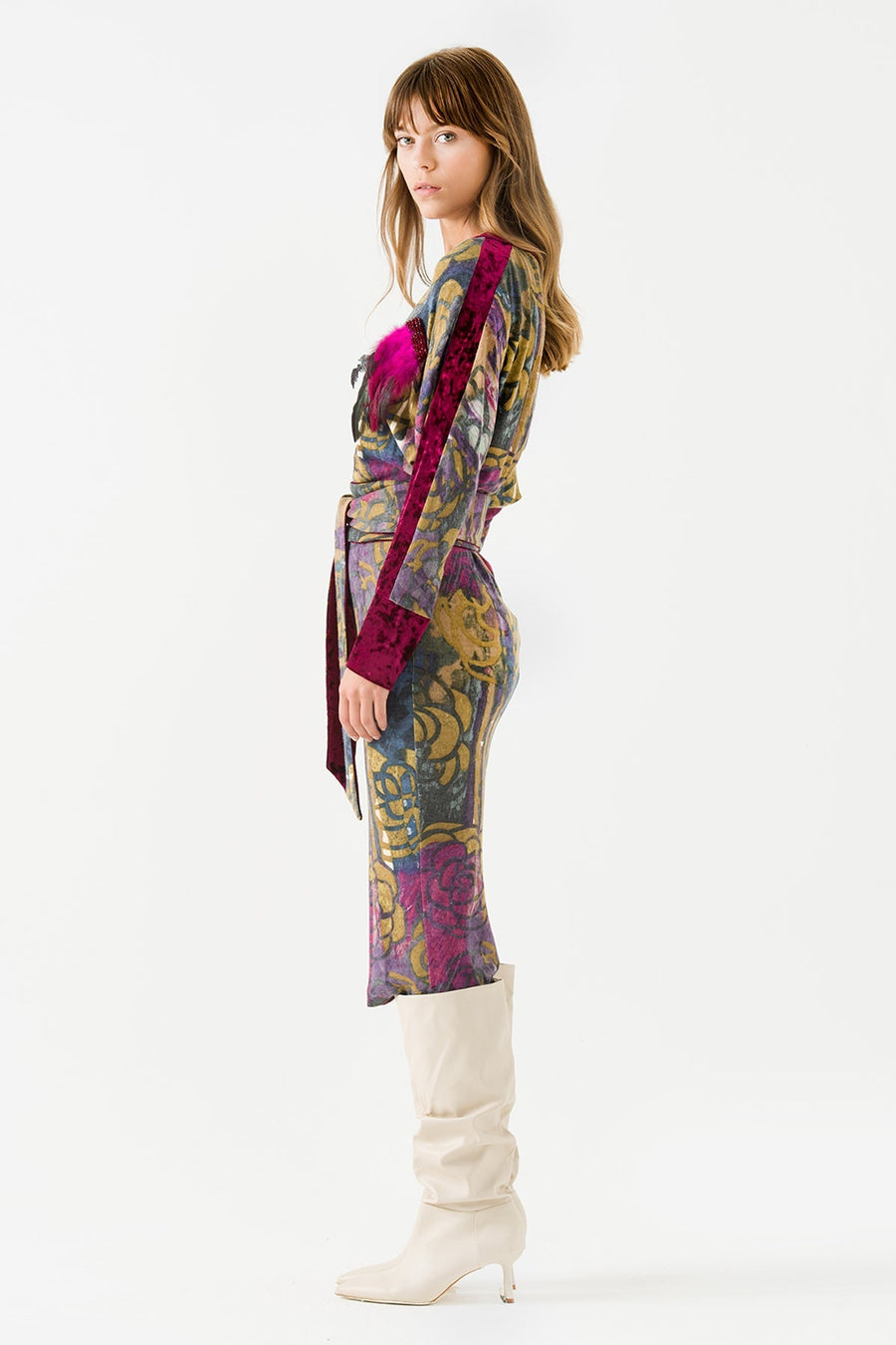 Purple Printed Long Sleeve Midi Dress with Belt