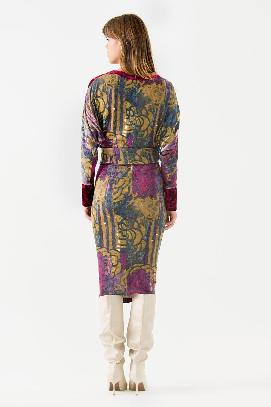 Purple Printed Long Sleeve Midi Dress with Belt