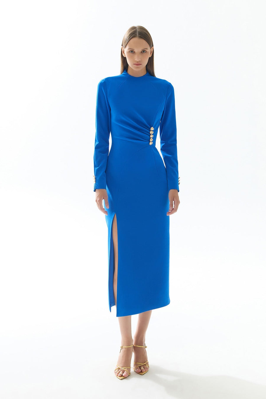 Saks Blue Drape and Slit Detailed Midi Dress