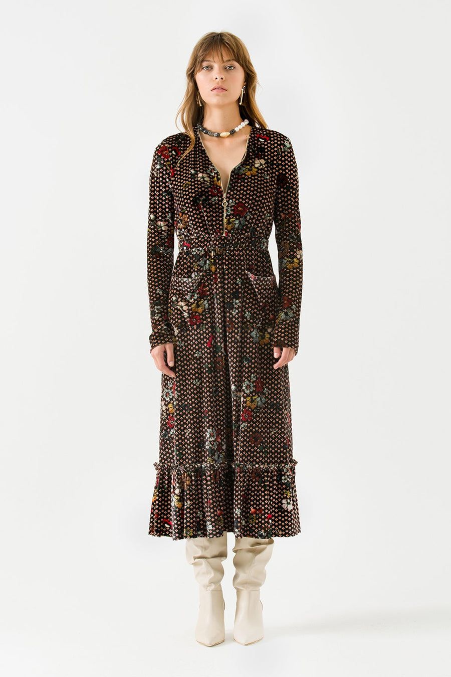 Velvet Midi Dress with Large Pockets Pattern