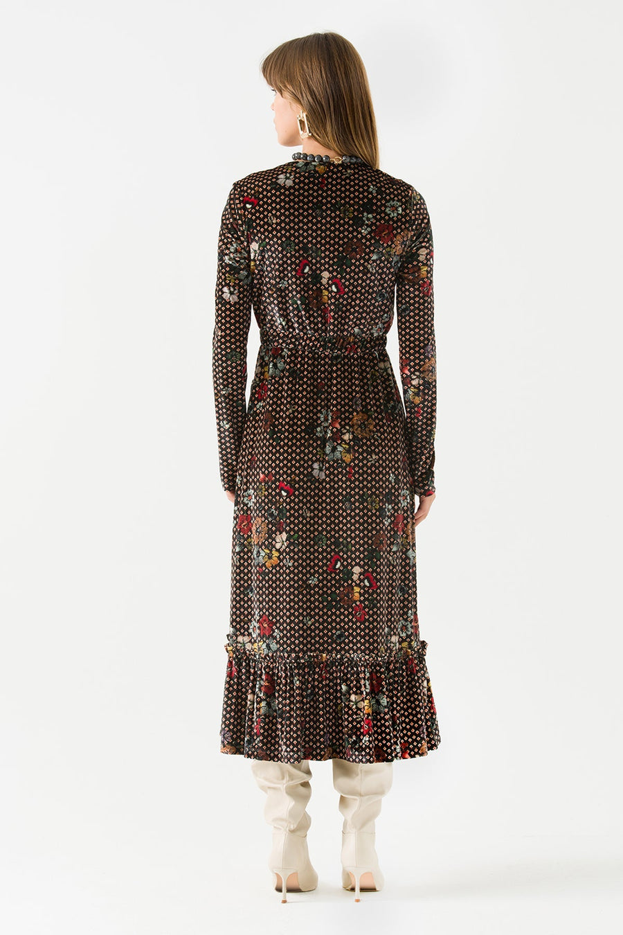 Velvet Midi Dress with Large Pockets Pattern
